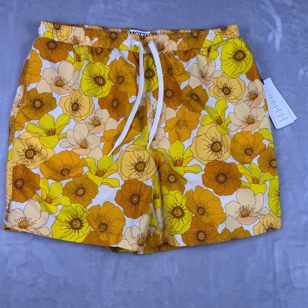 Mott50 Mens Tech Swim Trunks Retro Floral Yellow Orange UPF 50+ Size Large